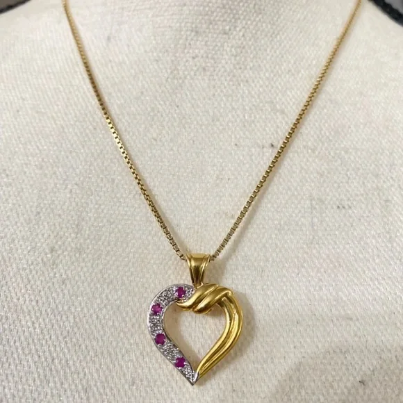 925 Heart Pendant Necklace Diamond Gold Tone - Picture 3 of 5